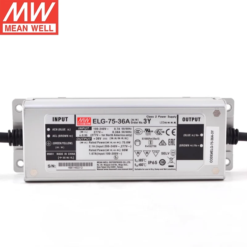 60W 75W Mean Well ELG-75-36A-3Y IP67 Waterproof Submersible Led Driver For Outdoor led Lighting 36V 2.1A
