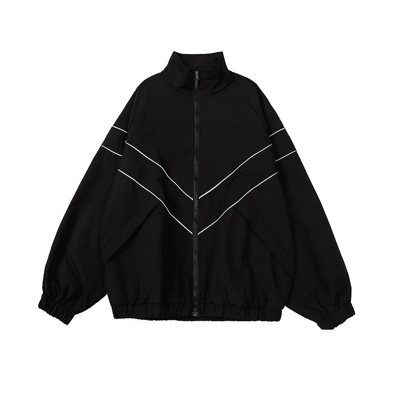 Hip Hop Reflective Striped Jackets Mens Patchwork Zipper Windbreaker Streetwear Casual Loose Varsity Coats Unisex Blue Jacket