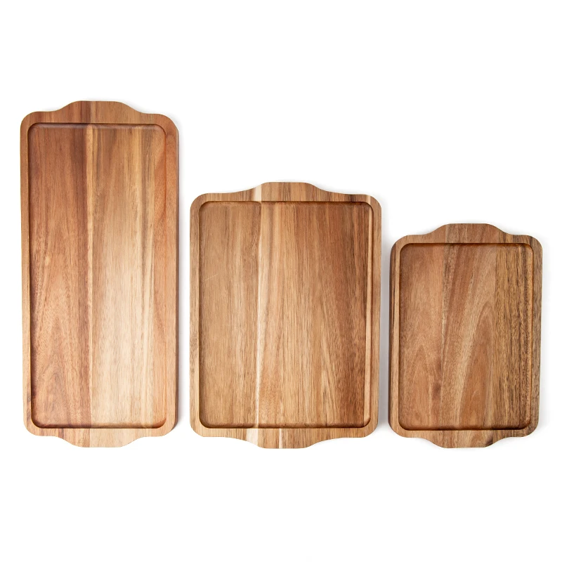 Оптовая продажа прямоугольное деревянное сервировочное блюдо для еды кофейный поднос из акации с ручкой