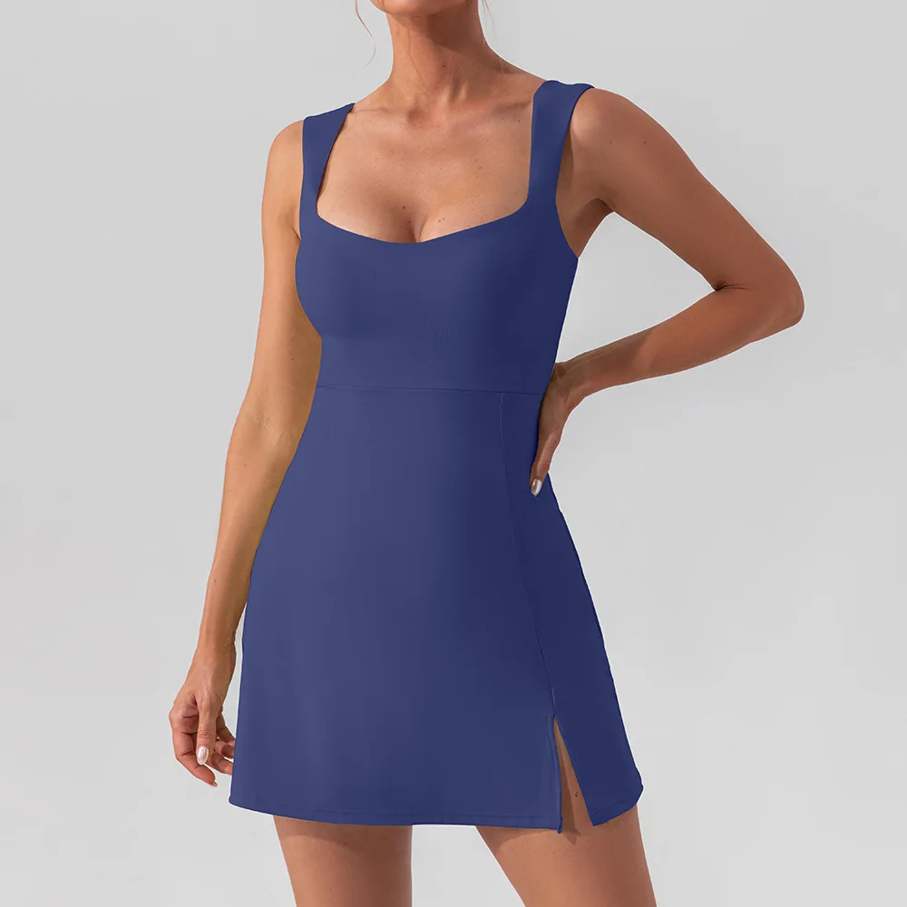 Women Tennis Dress One-Pieces Slim Fit Soft Sports Sets Golf Badminton Skorts Back Cross Tracksuits With Chest Pads Yoga Suits