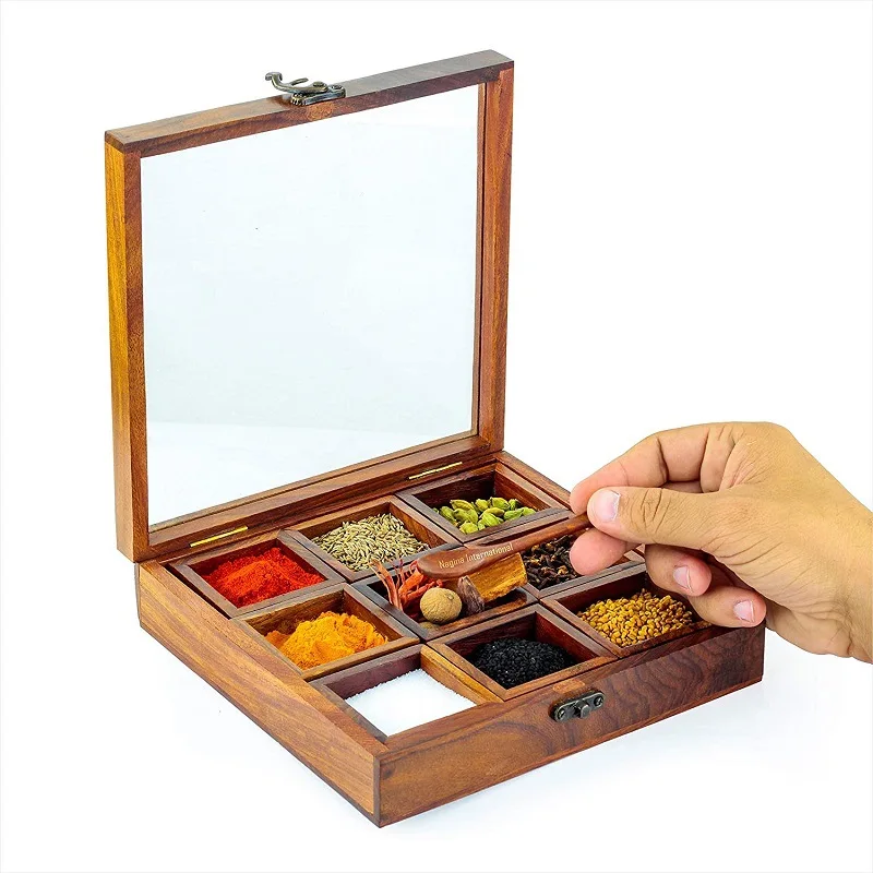 Masala box dabbalock wooden spice rack containerutility box hand crafted square spice box