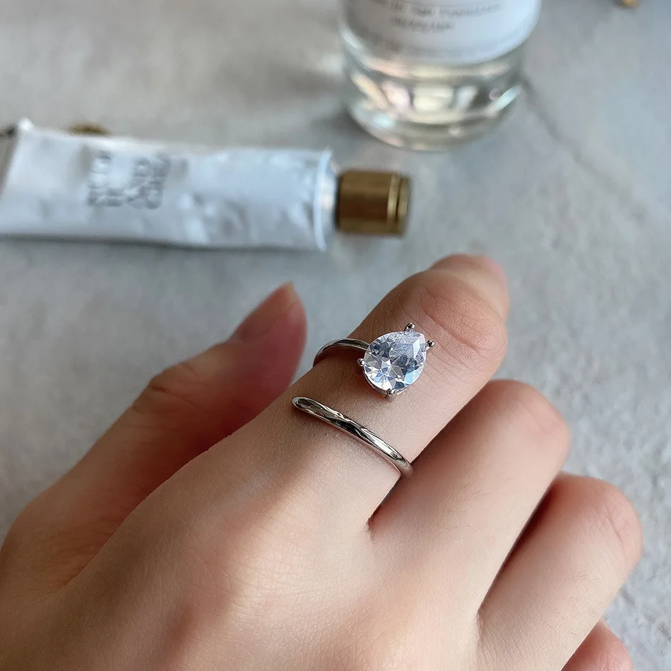 VIANRLA pear cut cubic zircon open adjustable ring 925 sterling silver dainty zircon stone ring