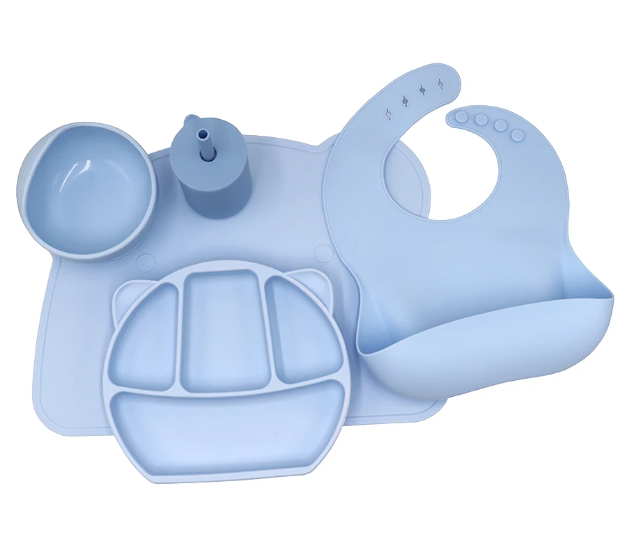 Baby Feeding Supplies Toddler Baby Utensils Set Divided Plate Suction Bowls for Baby with Spoon Fork Silicone Bib T