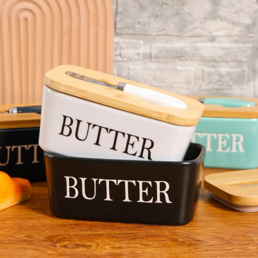 Ceramic Butter Dish With Bamboo Lid And Knife For Countertop, Double Silicone Seal, White Small Perfect Butter Keeper