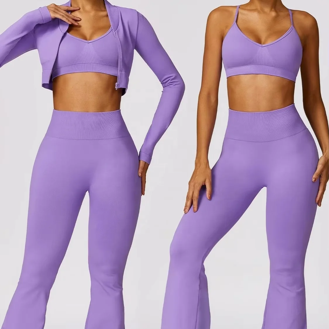 3pcs Fitness Bra Long Sleeve Crop Top Sport Suit Women Seamless Active Wear Yoga Suit Set