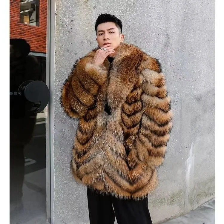 Wholesale Luxury Men Long Sleeve Mid-length Real Raccoon fur Coat Leather Winter Mens Fur Coat