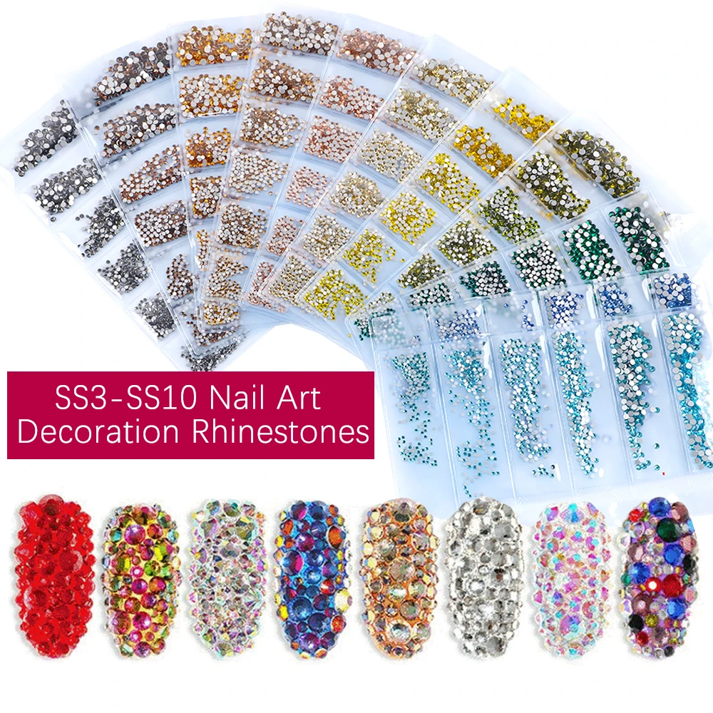 S3-SS10 Mix Sizes 3D Non HotFix Flat Back Nail Rhinestone Glitter Strass Nail Art Rhinestone Crystal Glass