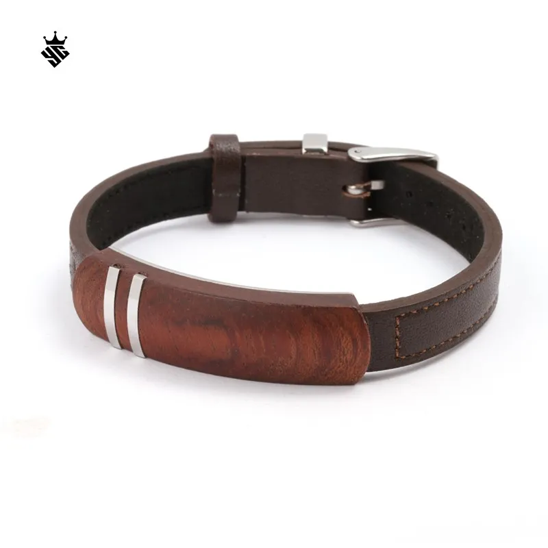 Brown Leather Bubinga Wood ID with Belt Buckle Clasp Jewelry Men Bracelets
