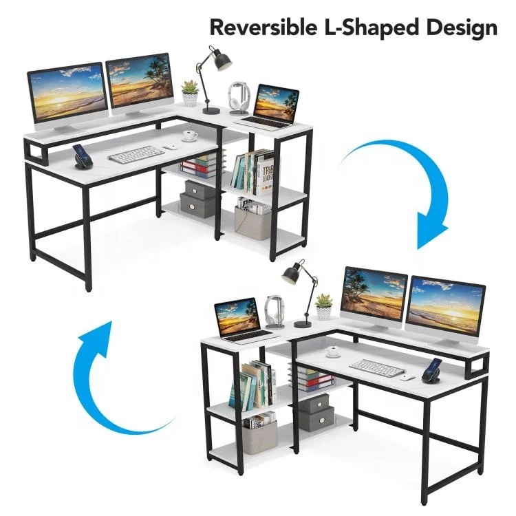 Tribesigns Computer Gaming Desk Reversible L Shaped Modern Wooden Office Desk White Faux Marble Home Office Furniture