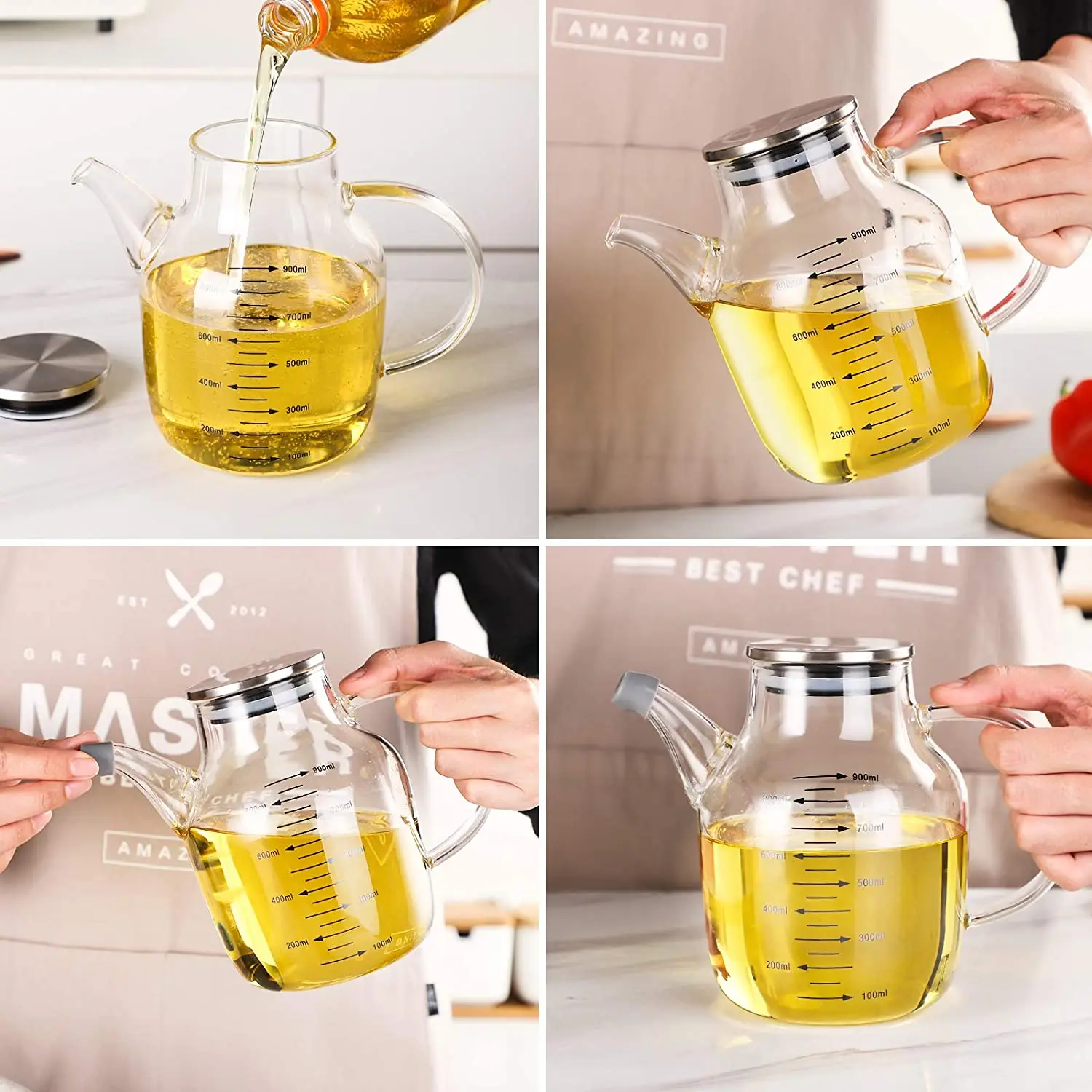 Amazo Borosilicate Sauce Cruet Measuring Glass Bottle Cooking Olive Oil Vinegar Dispenser with Pour Spout