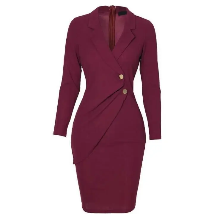 Purple Slim Notched Formal Double Buttons Women Career Office Dresses