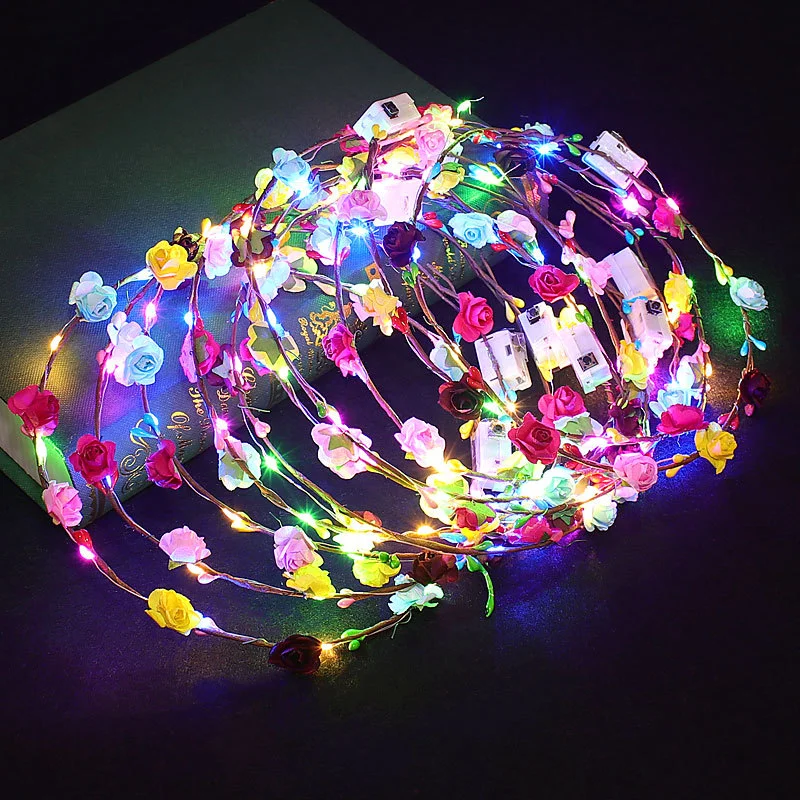 Hot Selling Party Wedding Halloween Birthday Decoration Colorful Light Garlands Custom LED Glowing Neon Flower Wreath Headwear