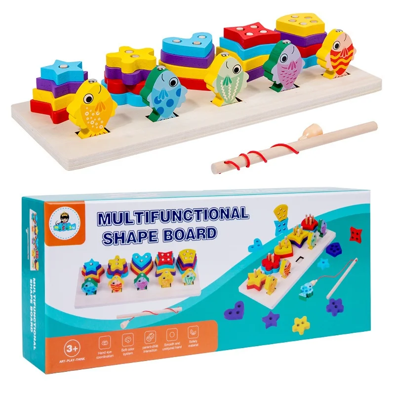 Wooden Fishing Logarithmic Board Multifunctional Shape Sorter Building Block Toy Set