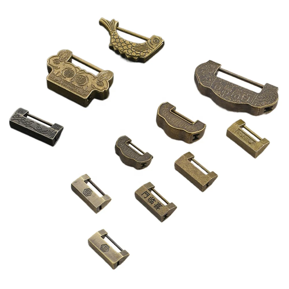 11 mini antique small locks, Chinese style old box padlocks, retro copper locks, old-fashioned ancient key locks