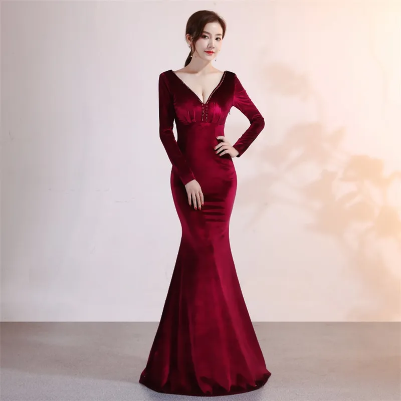 2020 Arrivals 4colors women elegant v neck long sleeves slim velvet mermaid evening dress