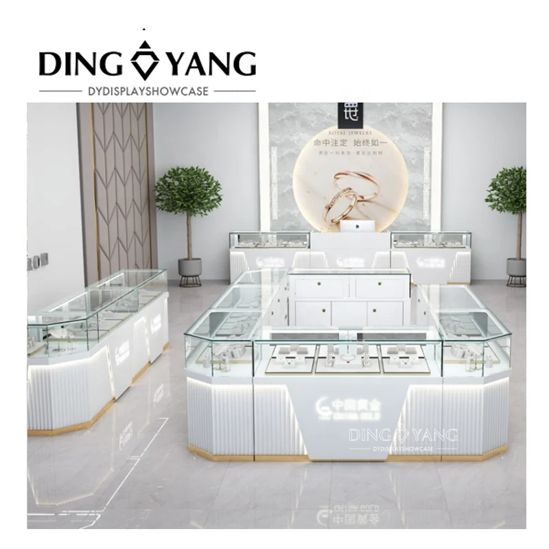 Factory OEM Fashion White Lacquer 60X22X38 INCHES Jewelry Store Design Jewellery Shop Design With Lights LOGO