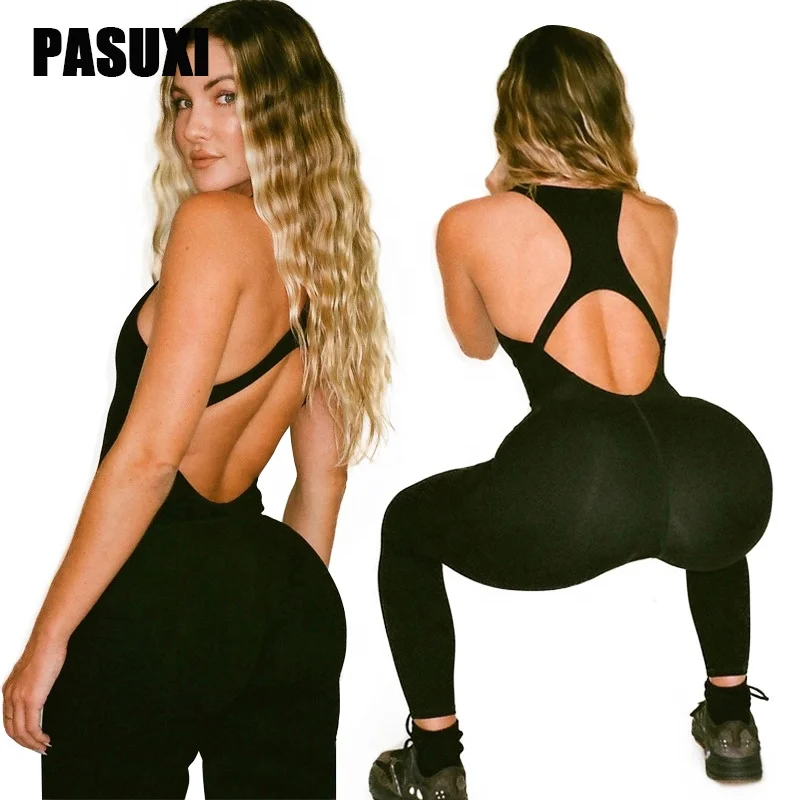 PASUXI New Fashion Casual Women Jumpsuit One Piece Sets Custom Outfit Women Bodycon Black Backless Yoga Jumpsuit