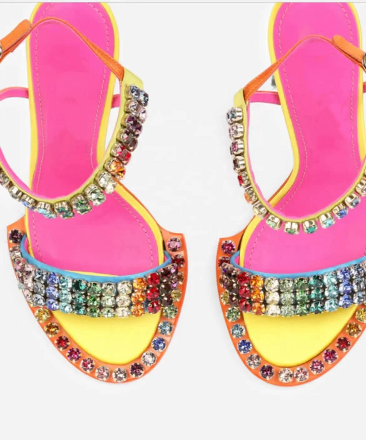 Brand diamonds heels big rainbow rhinestone strap neon pink yellow orange outsole oem sandal sexy ladies stiletto high heels