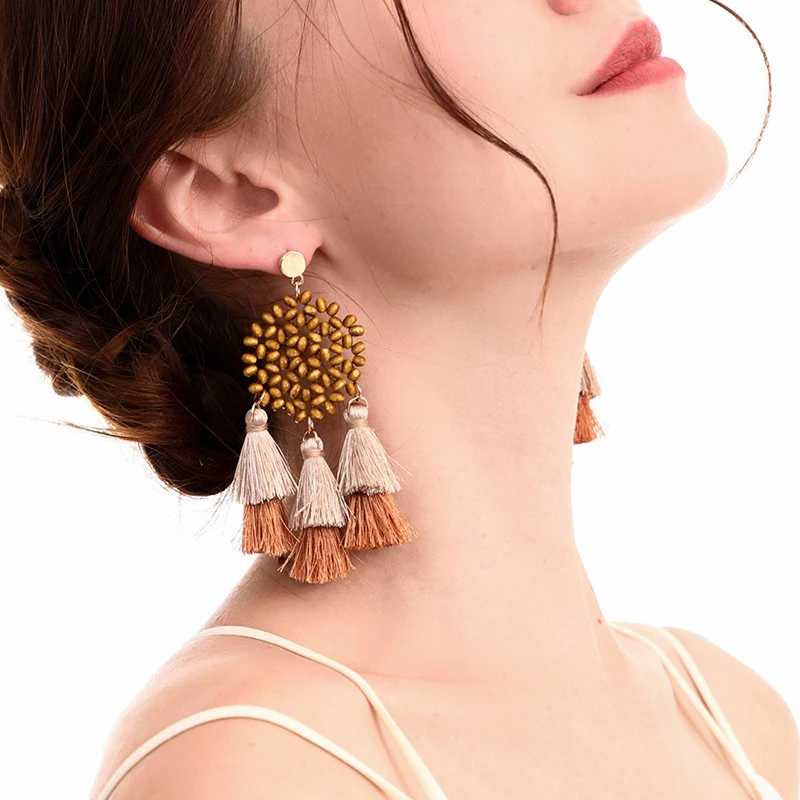 
New Arrival Long Large Tassel Earrings Statement Bohemian Wooden Bamboo Drop Earrings for Women 