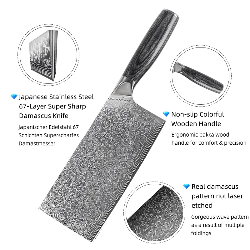 New West 67 Layers Damascus Steel Daily Cutting Kitchen Chopper Cleaver Knife With Pakka Wood Handle