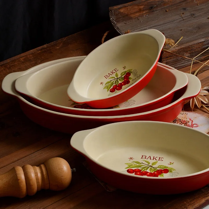 Cherry Pattern Kitchenware Ceramic Baking Dish Red Color Customized Stoneware Bakeware Set Baking Tray