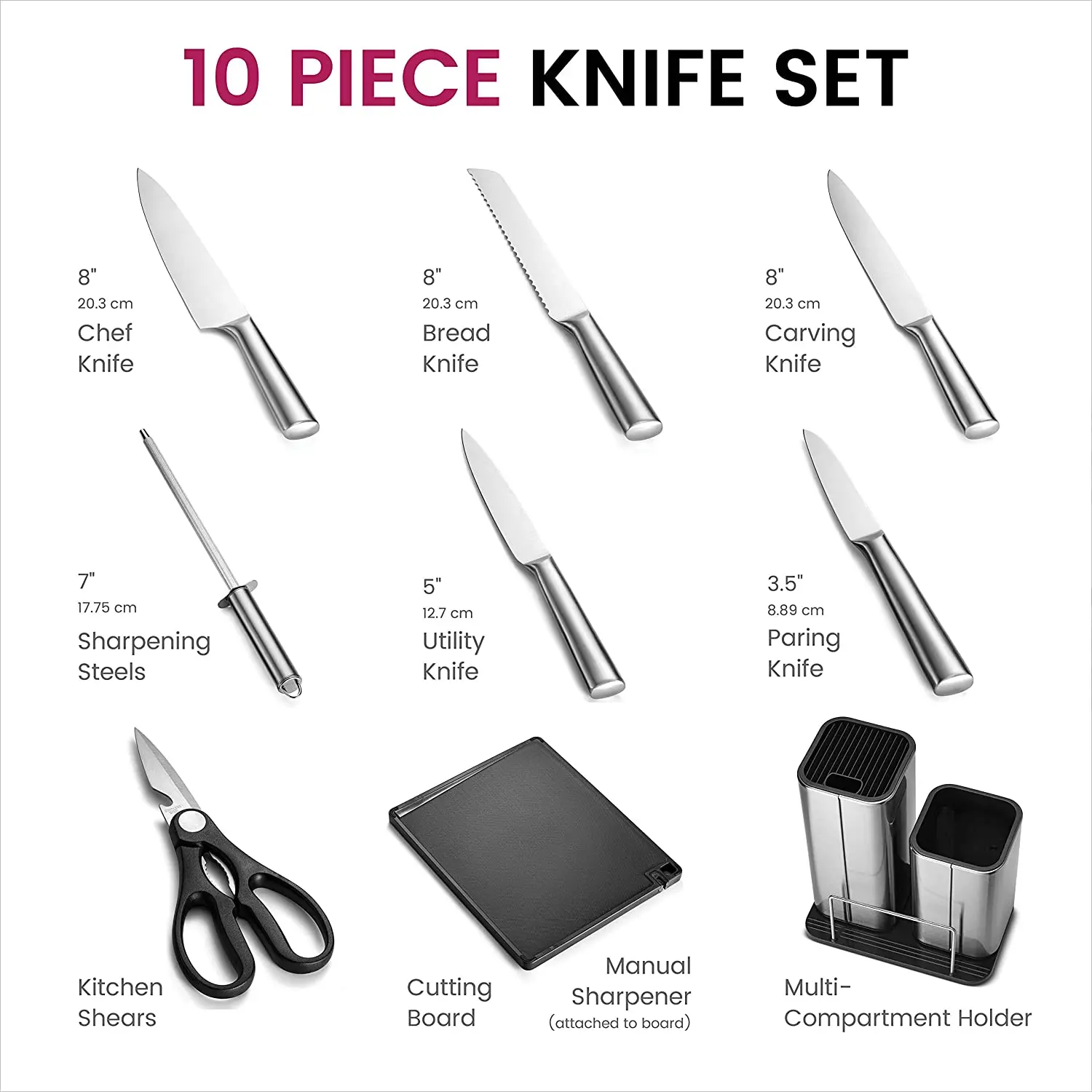 Hot sale kitchen accessories set 10 pieces stainless steel knife set with utensil holder