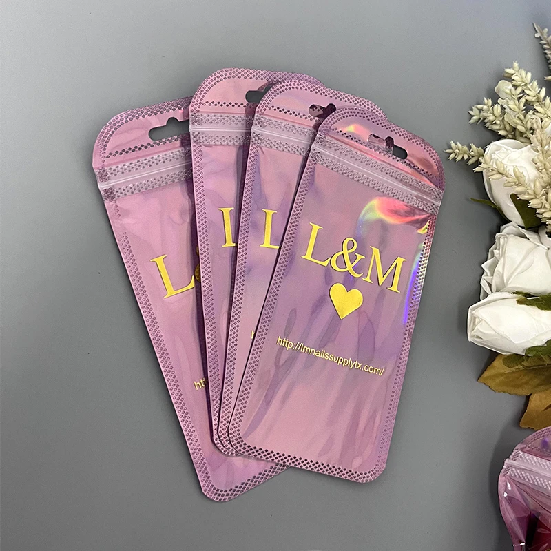Custom Resealable  Aluminum Foil Clear Pink Plastic Pouch Zip Lock Zipper Mylar Holographic Jewelry Cosmetic Packaging Bag