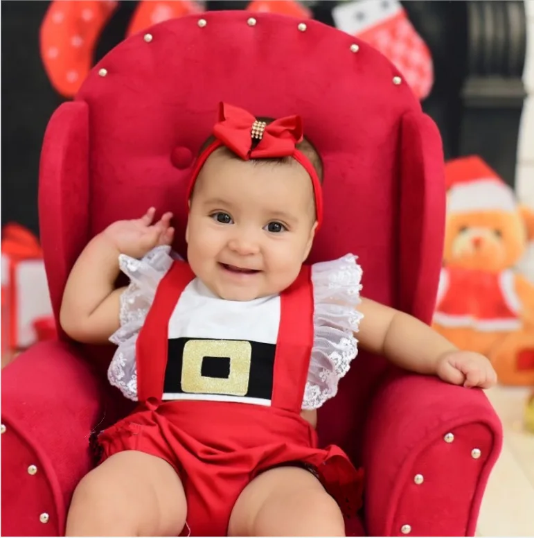 New arrival Christmas baby girl clothes jumpsuit new born bodysuit Baby Sleeveless Red Romper with Headband