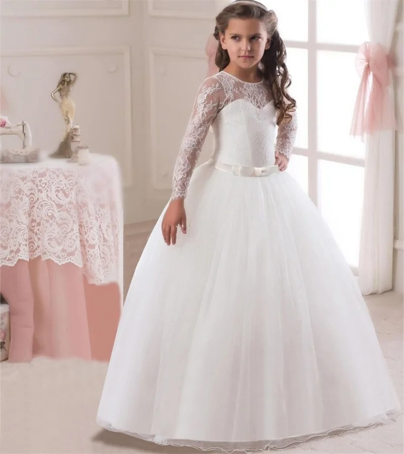 Big Girls Lace Bow Dress Kids First Holy Communion Dresses Rose Flower Fancy Dress