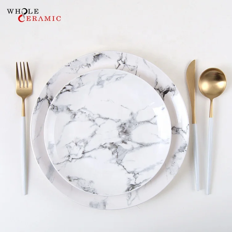 WtP01 Restaurant Dinner Pizza Decor Dessert Charger Serving Dishes, White And Black Marble Crockery Ceramic Plate Set