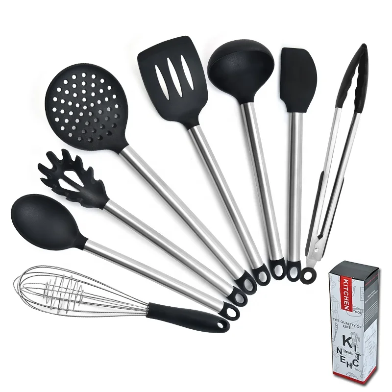 Кухонная утварь, силиконовая посуда из нержавеющей стали, набор из 8 предметов, принадлежности для готовки, большой набор посуды, ручка для трубы
