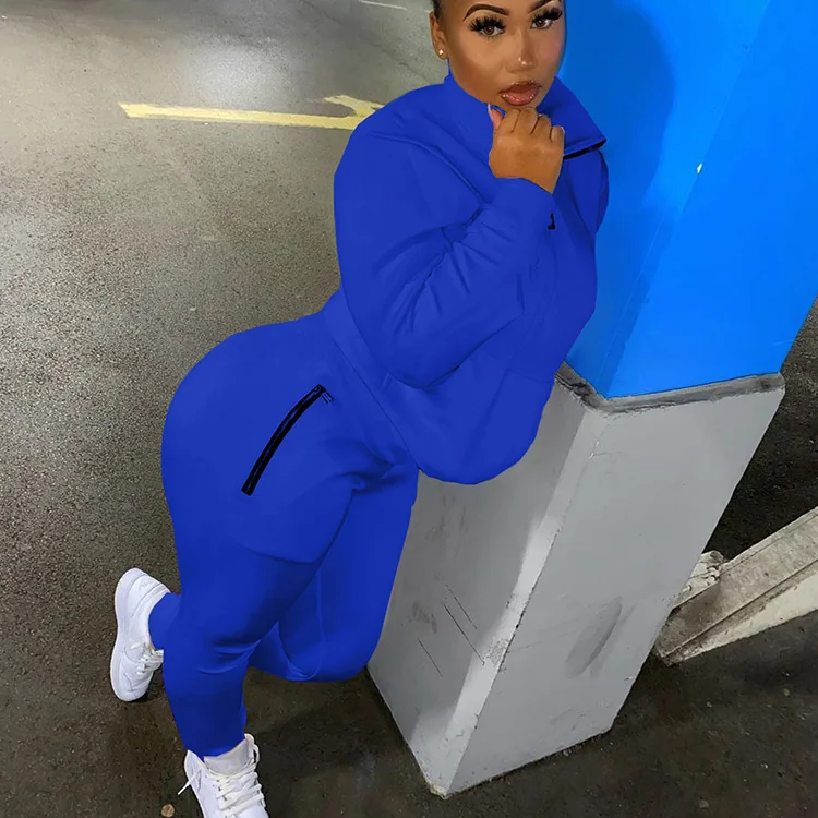 Custom Fall Winter Zip Stand Collar Sweatshirt Two Piece Set Solid Casual Outfits Pockets Pants Sweat Suit Tracksuits For Women