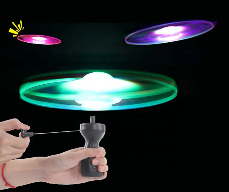 24cm Funny UFO Led Flying Saucer Colorful Light Up Flying Disco Kid Toys Plastic Pull String Spinning Helicopter Outdoor Toys