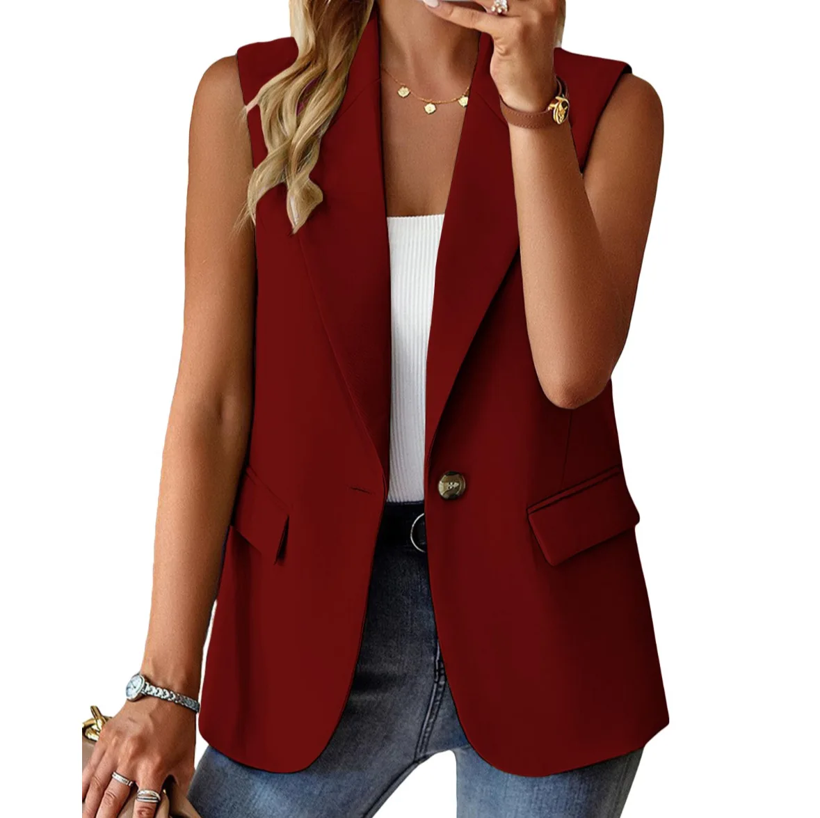 Women Fashion Waistcoat High Quality Single Button V-neck Top Sleeveless Solid Jacket Top Female Cardigan Blazer Coat