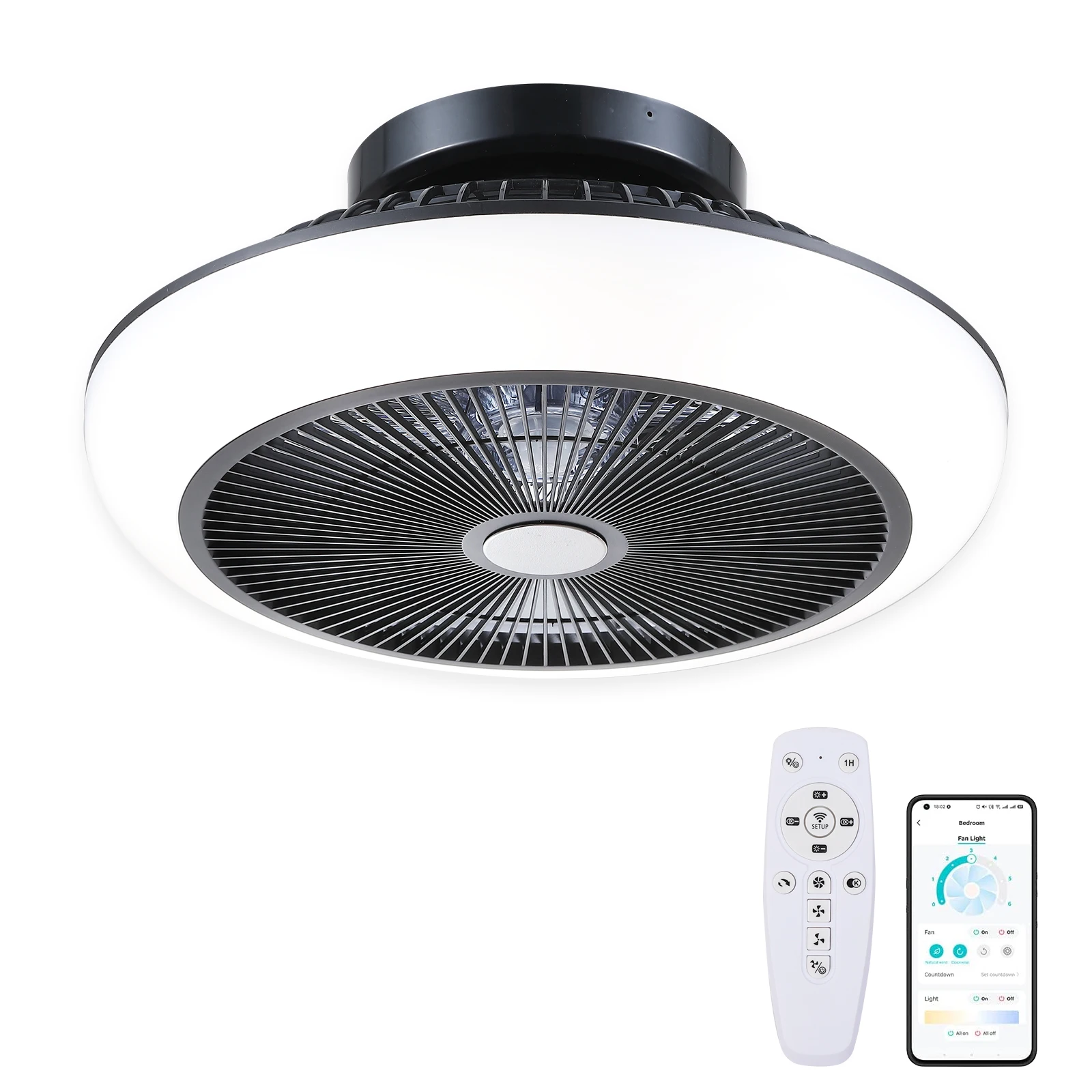 Modern Flush Mount LED 3 color Dimmable Lighting 6 Speeds Copper Motor 18' Ceiling Fans with LED Lights APP Remote Control