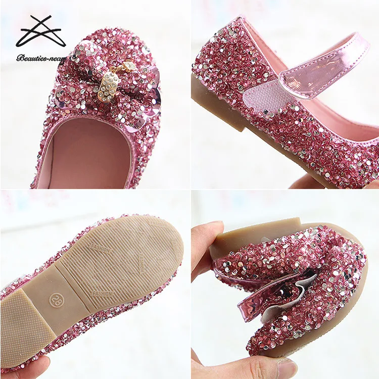 2022 Girls New Design Bling Sequins Bow Knot Buckle Strap High-heeled Kids Princess Shoes Performance Shoes Durable Shoes