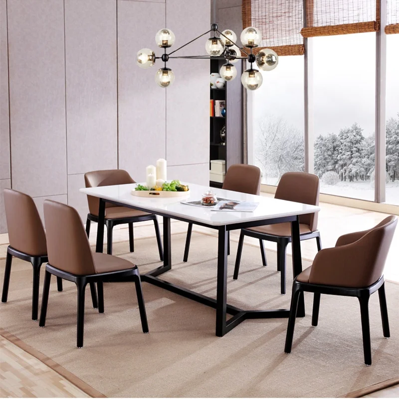 Luxury Marble Top Wooden Legs Dining Room Restaurant Furniture Long Table Set