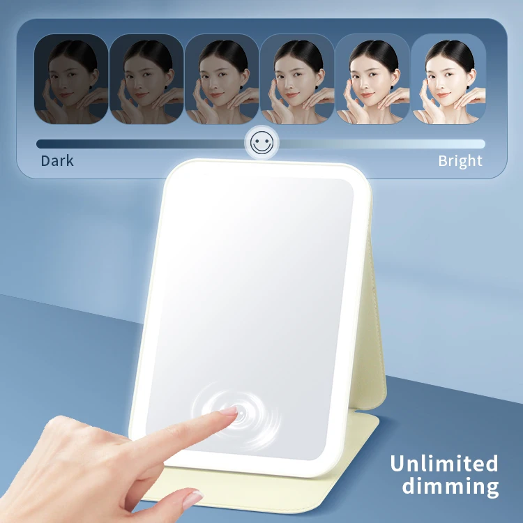 Unbreakable Stainless Steel Rectangular Tiny Pu Frame Handheld Pocket Makeup Mirror With Led Light