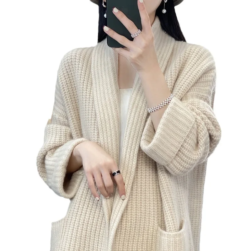 2023 осенний высококачественный модный женский длинный свободный кардиган с V-образным вырезом однотонный вязаный карманами