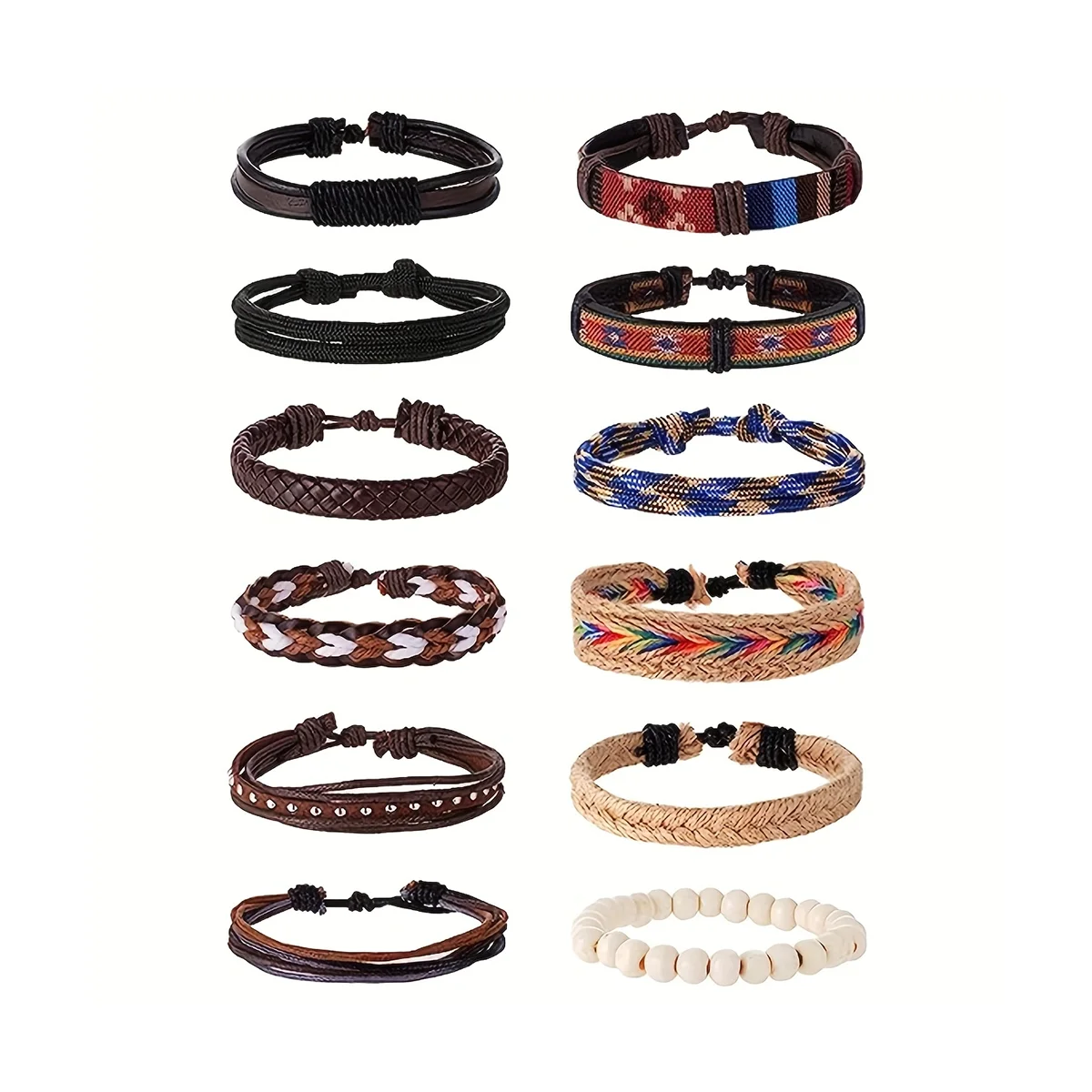 12Pcs Braided Leather Bracelets Set For Men Women Wooden Beaded Cuff Wrap Bracelet Boho Ethnic Tribal Linen Hemp Cords Wrap