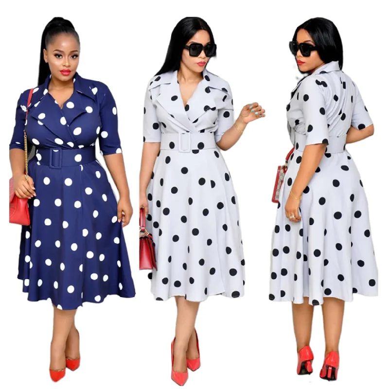CFA394 2022 Popular Trend African Dress Suit Collar Polka Dot Middle Sleeve Summer Dresses Large Swing Loose Dress With Belt