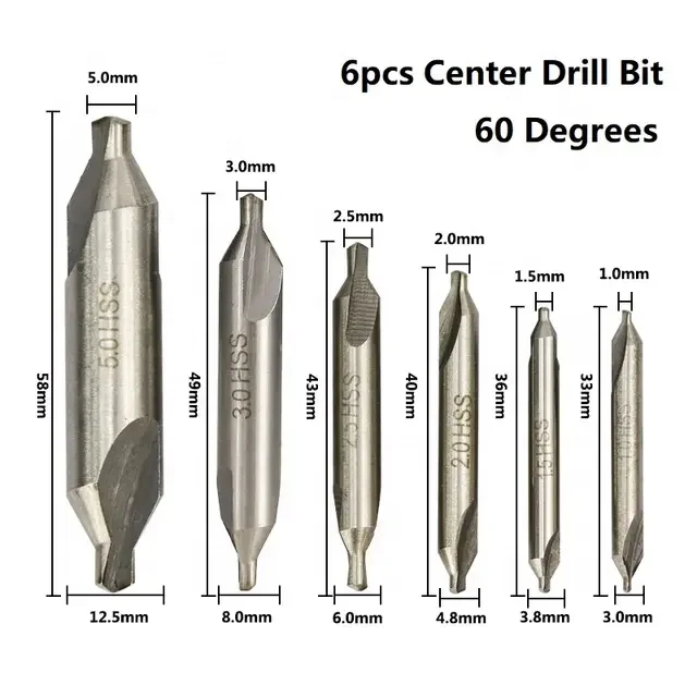 6pcs HSS Combined Center Drills 60 Degree Countersink Angle Bit Set 1.0mm 1.5mm 2.0mm 2.5mm 3.5mm 5mm Metal Drill Bit