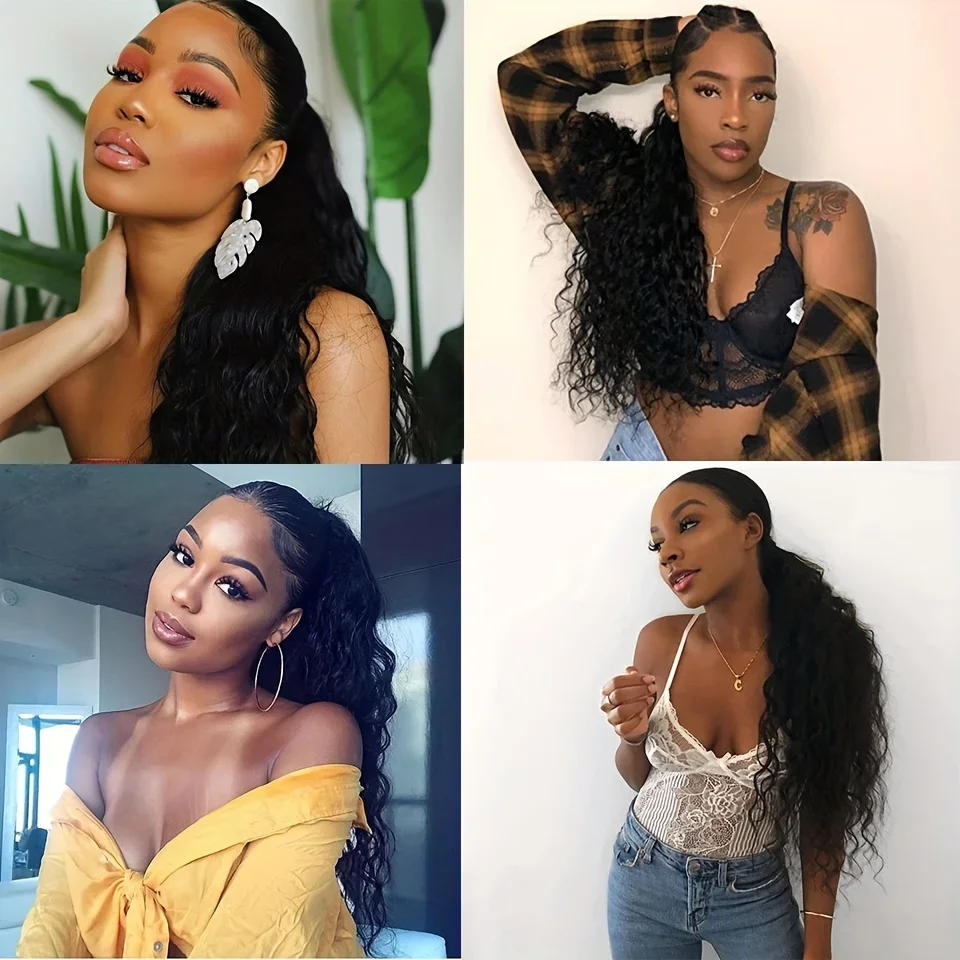 10-30Inch Fashionable Water Wave Drawstring Ponytail Hairpiece Curly Wavy Raw Vietnamese Hair for Women Deep Curl Extensions