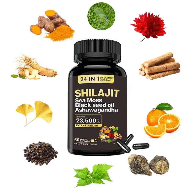 Private Label All In 1 Supplement Shilajit Fulvic acid 24 in 1 shilajit capsule and seamoss capsule