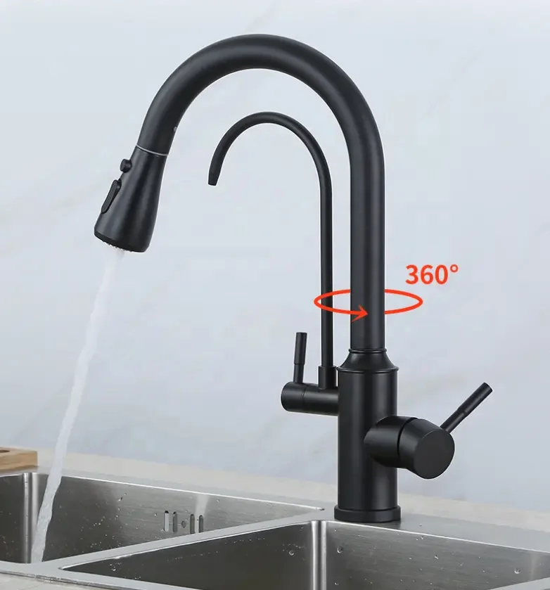 2024 Nickel Brushed Kitchen Sink Faucet with Pull Down Sprayer 2 Handle 3 in 1 Water Filter Purifier Kitchen Faucet