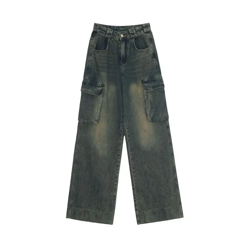 Retro Heavy Industry Big Pockets Workwear Baggy Wide-legged Pants High Waist Pockets Streetwear Old Denim Cargo Jeans