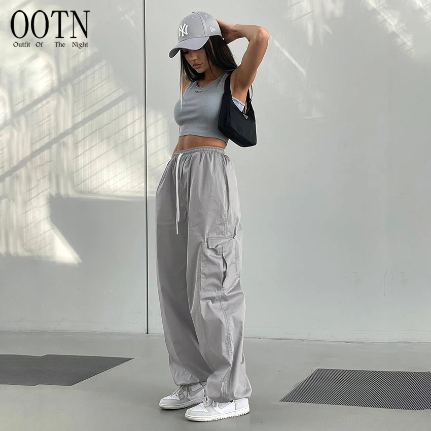 Осенняя одежда OOTN 2 k в стиле Харадзюку хиппи корейские модные женские брюки карго парашютный серый с завязками на талии Повседневная Уличная