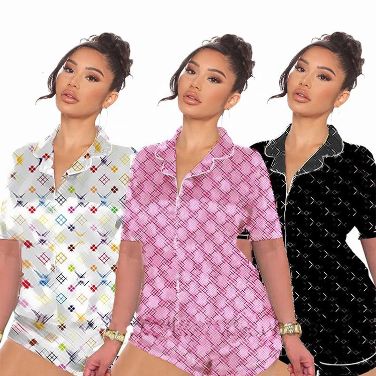 Wholesale Summer Girls Sleepwear Two Piece Pajama Set Satin Silk Pajamas Designers Print Pyjamas Short for Women