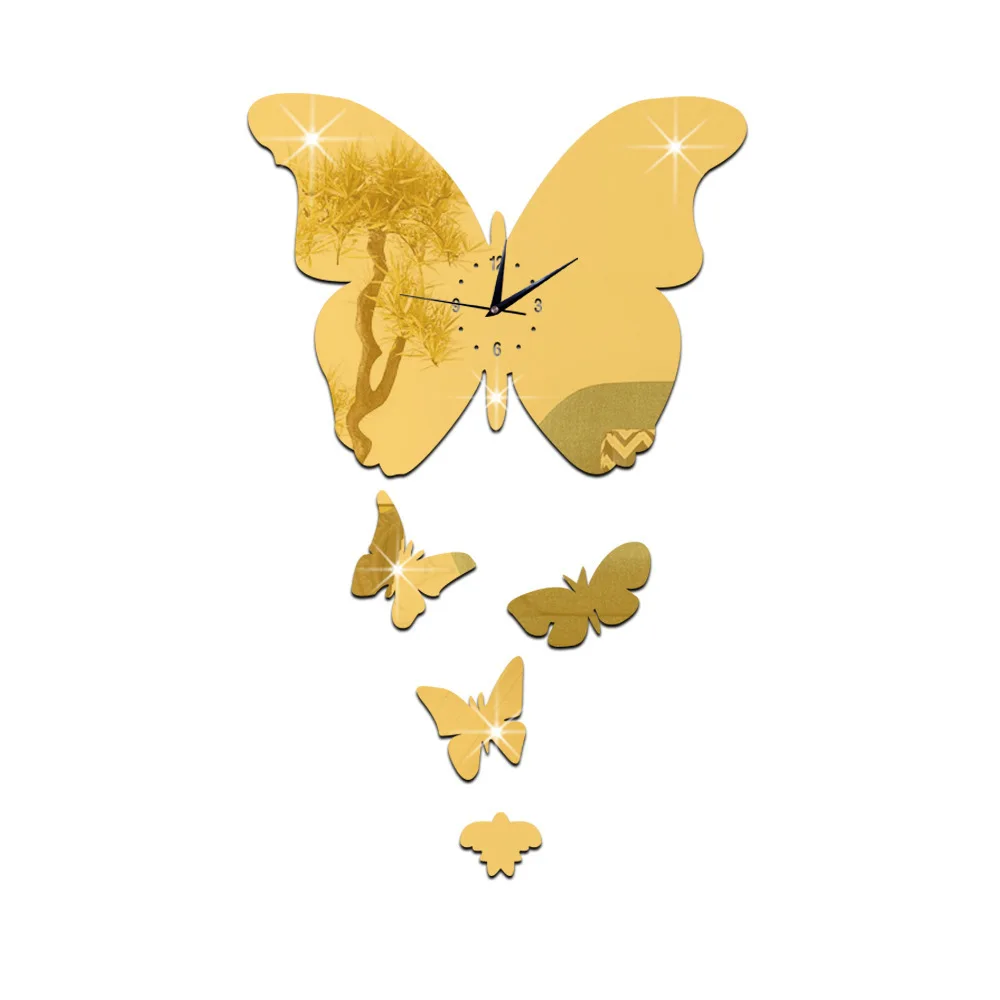 
New fashion butterfly-shaped dial decor wall watches mirror acrylic diy wall clocks butterfly decor living room wall watch 