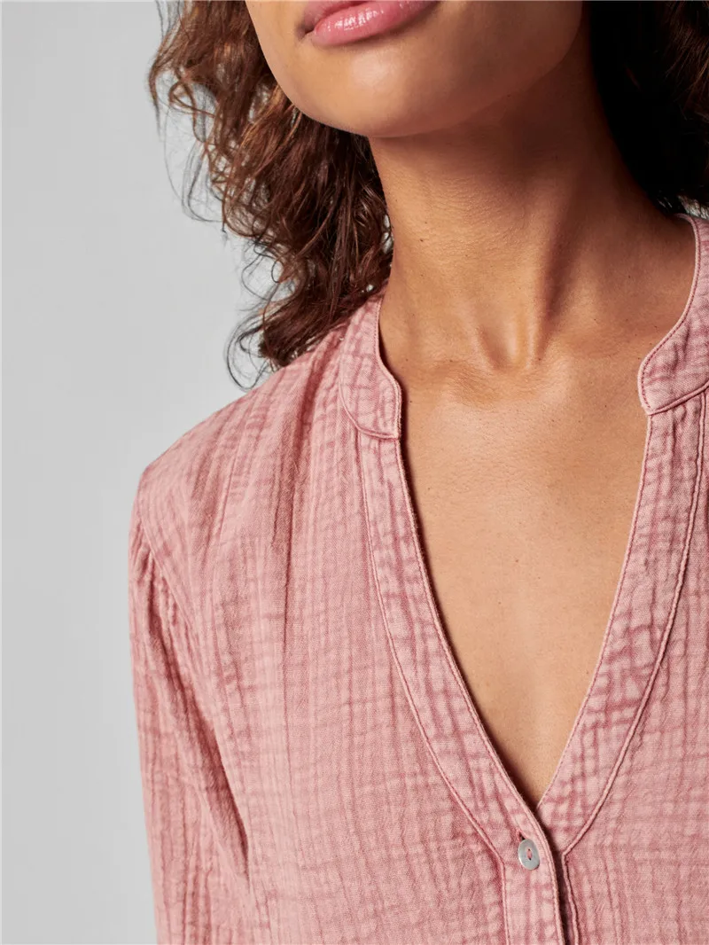 2022 Hot Sale Ladies Long Sleeve V Neck Button Front High Low Hem Summer Beach Cotton Gauze Dress